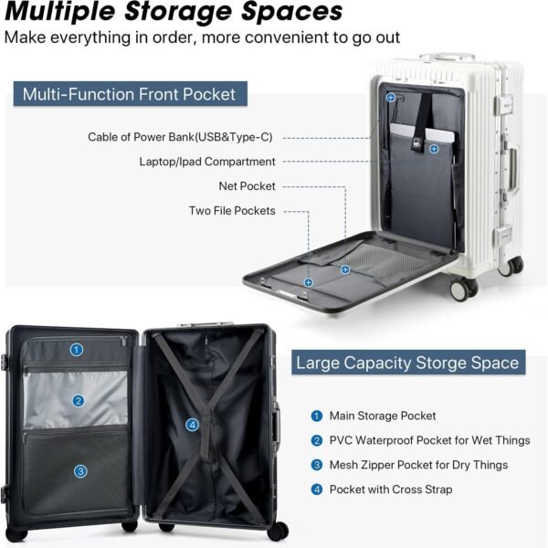 MRPLUM Front Pocket Carry On Luggage,PC Hardside Spinner Wheel Suitcase with TSA Lock, Cup Holder,Phone Holder&USB Charging Port,20 inch