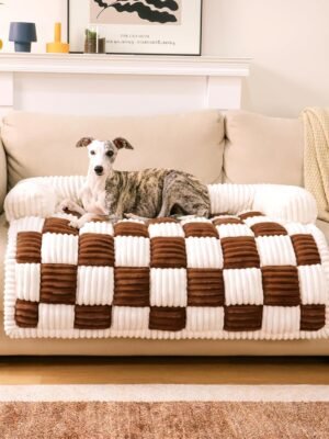 Cream Square Plaid Cozy Dog Mat Furniture Protector Cover