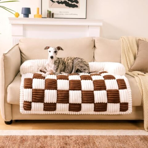 Cream Square Plaid Cozy Dog Mat Furniture Protector Cover
